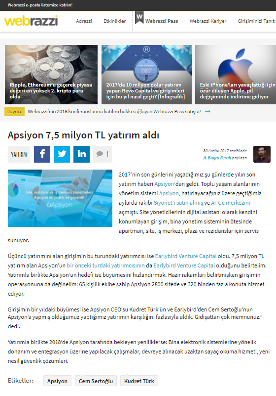 Apsiyon 7,5 milyon TL yatırım aldı
