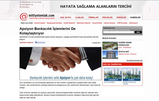 Milliyetemlak.com - Apsiyon Bankacılık İşlemlerini de Kolaylaştırıyor